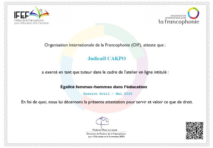 Judicaël CAKPO forme des enseignants et cadres de l&rsquo;éducation de l&rsquo;espace francophone à l&rsquo;égalité Femmes – Femmes dans le cadre du Programme EFH de&nbsp;l&rsquo;IFEF